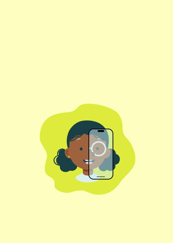 An illustration of a girl with curly black pigtails with a smartphone superimposed over half her face showing her in round glasses, demonstrating the augmented reality virtual try-on feature. Background is green featuring an abstract blob shape.