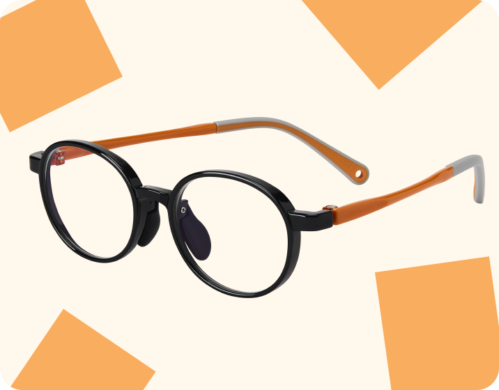 Round black and orange kids’ glasses on a beige background with orange squares.