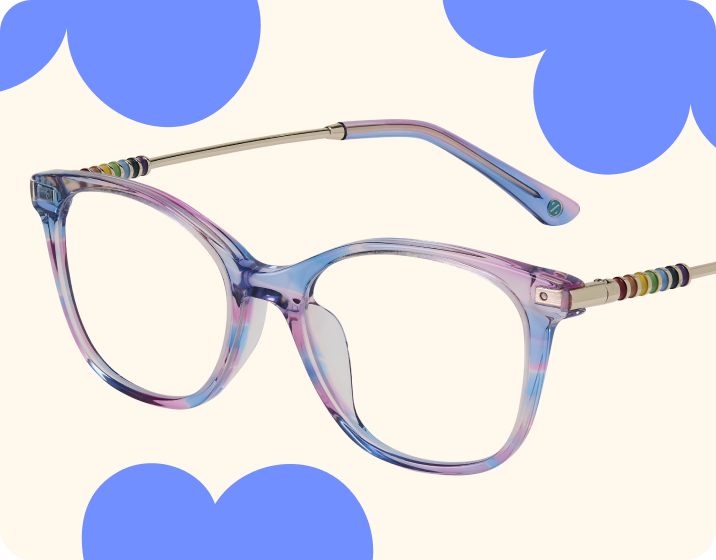 Multicolor blue and purple square kids’ glasses with a colorful detail at the temples, on a beige background with blue cloud shapes.