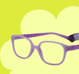 Square purple kids’ glasses with flexible temple arms and a head strap, on a green background featuring a cloud shape.