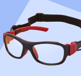 Black and red kids’ sports goggles on a blue background featuring a square shape.