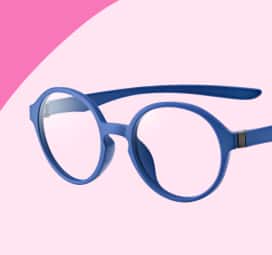 Round blue Optiflex kids’ glasses with low profile, flexible temple arms, on a pink background.