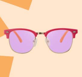 Red browline kids’ sunglasses on an orange background featuring square shapes.