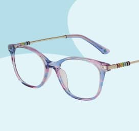 Multicolor blue and purple square kids’ glasses with a colorful detail at the temples on a light blue background.