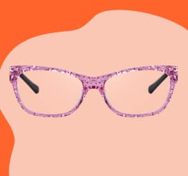 Pink glittery kids’ glasses on a dark orange background featuring an abstract blob shape.