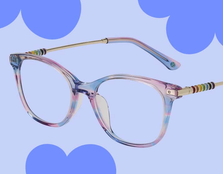 Multicolor blue and purple square kids’ glasses with a colorful detail at the temples, on a beige background with blue cloud shapes.
