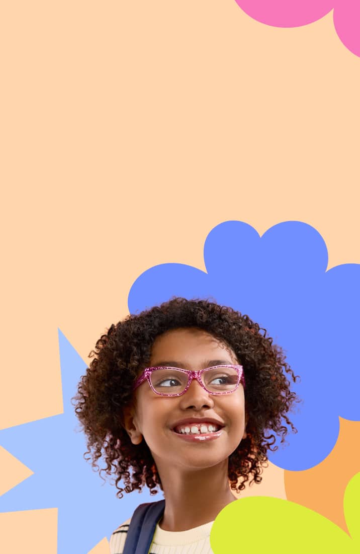 A girl with curly hair wearing pink glittery glasses, on a background featuring colorful shapes in pink, blue, green, and orange.