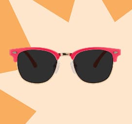 Red browline kids’ sunglasses on an orange background featuring square shapes.