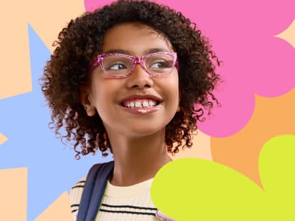 A girl with curly hair wearing pink glittery glasses, on a background featuring colorful shapes in pink, blue, green, and orange.