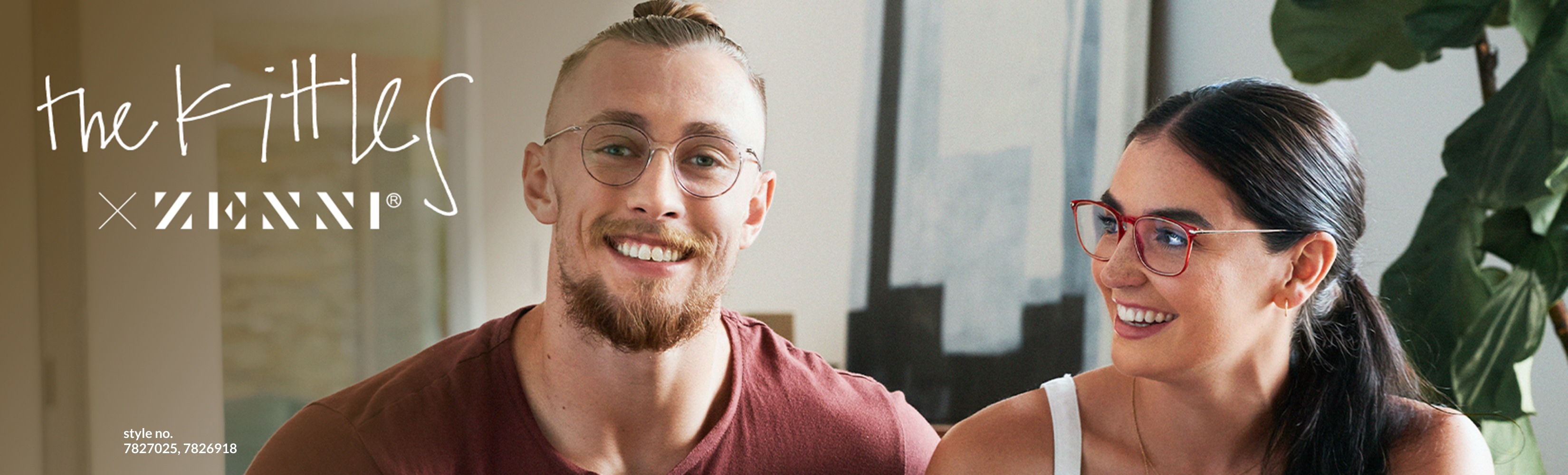 The Kittles and Zenni. Meet the kittles. Image of 49er George Kittle and his wife Claire, wearing zenni stone cold round glasses #7827025, and Zenni thunderbirds square glasses #7826918 respectively, inside their living room.