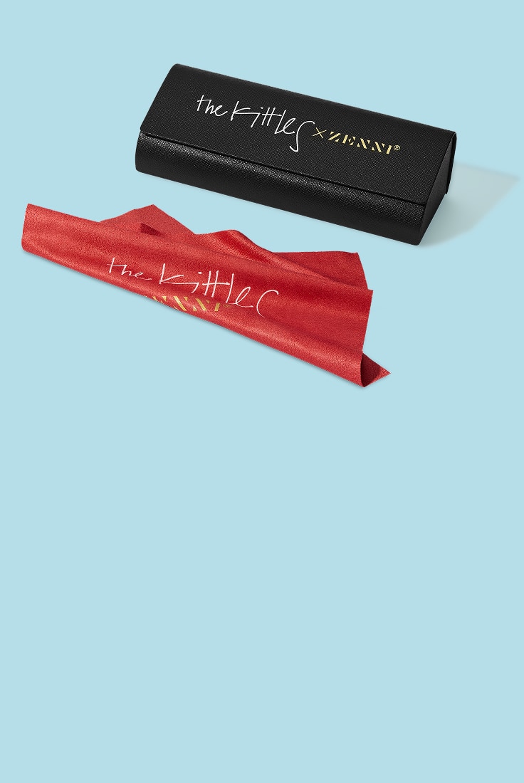 Special collection Kittles and Zenni black eyewear case and red lens cloth.