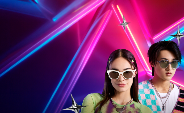Two models wearing stylish sunglasses from the K-Pop Collection, vibrant neon background with text 'The K-Pop Collection: Iconic styles inspired by K-Pop idols.'