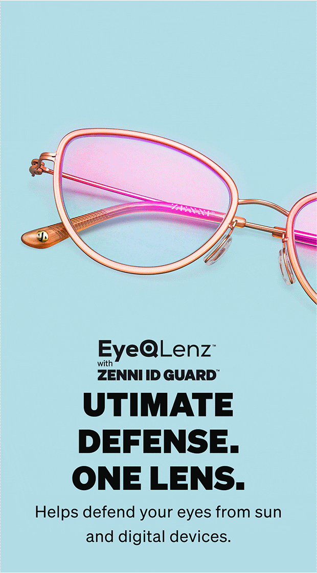 Animated GIF transitioning between two styles of eyeglasses on a light blue background: first, rose gold metal cat-eye glasses featuring pink-tinted EyeQLenz lenses, followed by translucent yellow round glasses with clear Blokz blue-light-blocking lenses.