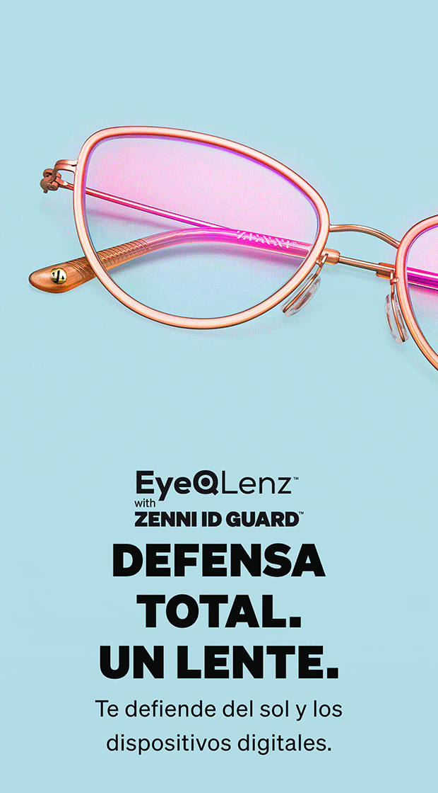 GIF animado que alterna entre dos estilos de lentes sobre un fondo azul claro: primero, lentes de metal estilo ojo de gato en oro rosa con cristales EyeQLenz de tinte rosa, seguidos de lentes redondos amarillos translúcidos con cristales transparentes de protección contra la luz azul Blokz.