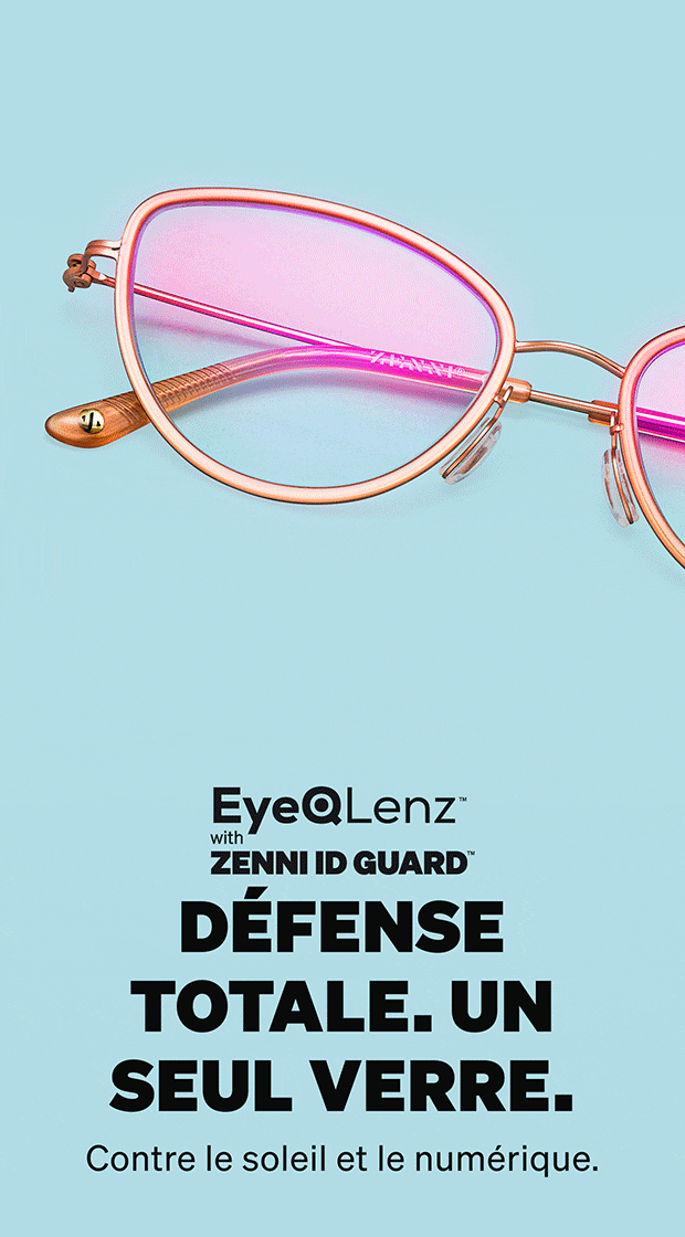GIF animé alternant entre deux styles de lunettes sur un fond bleu clair : d'abord, des lunettes œil-de-chat en métal or rose équipées de verres EyeQLenz teintés de rose, suivies de lunettes rondes jaune translucide dotées de verres anti-lumière bleue transparents Blokz.