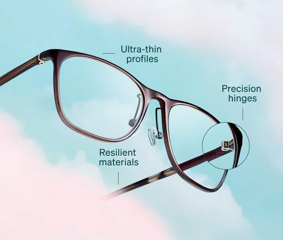 Close-up of Featherlite eyeglasses with callouts highlighting ultra-thin profiles, precision hinges, and resilient materials against a blue sky background.