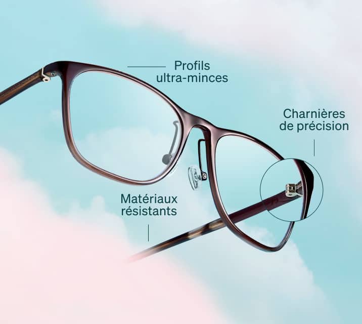 Gros plan de lunettes Zenni Featherlite™ avec mises en valeur : profils ultra-minces, charnières de précision et matériaux résistants, sur fond de ciel bleu.