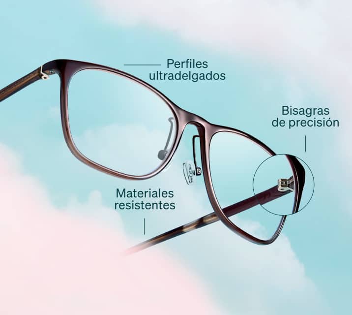 Primer plano de lentes Zenni Featherlite™ con perfiles ultrafinos, bisagras de precisión y materiales resistentes.