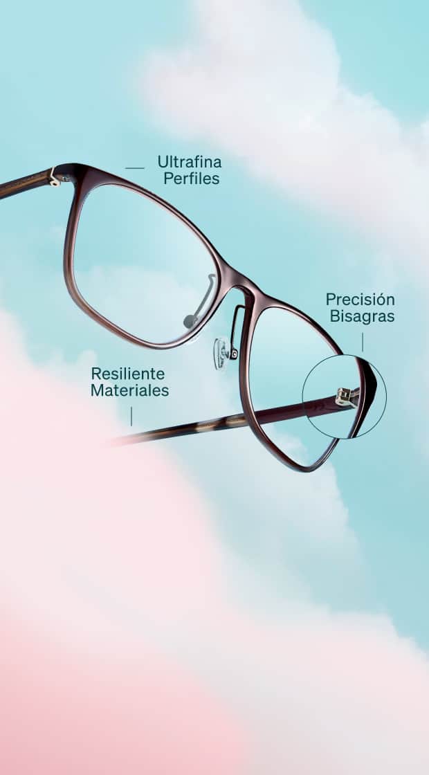 Gafas cuadradas negras con un primer plano circular de las bisagras de las patillas. Texto adicional: Perfiles ultrafinos, materiales resistentes y bisagras de precisión.