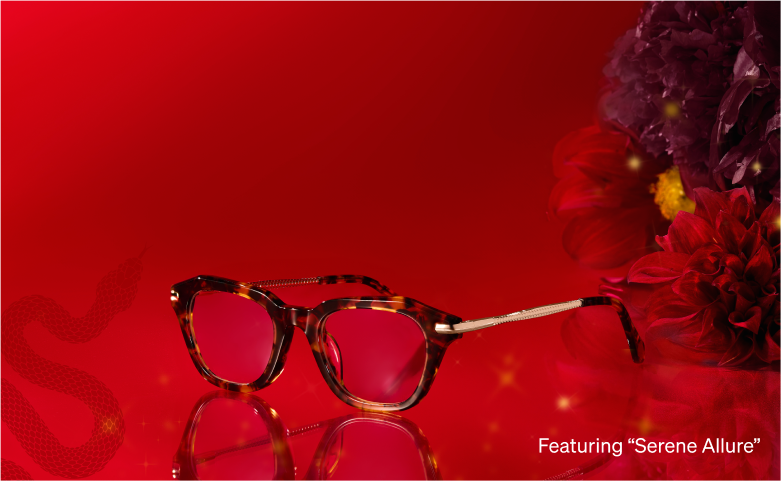 A vibrant red background features eyeglasses 'Serene Allure'. A faint snake silhouette weaves subtly across the design, surrounded by soft floral accents for a luxurious feel.