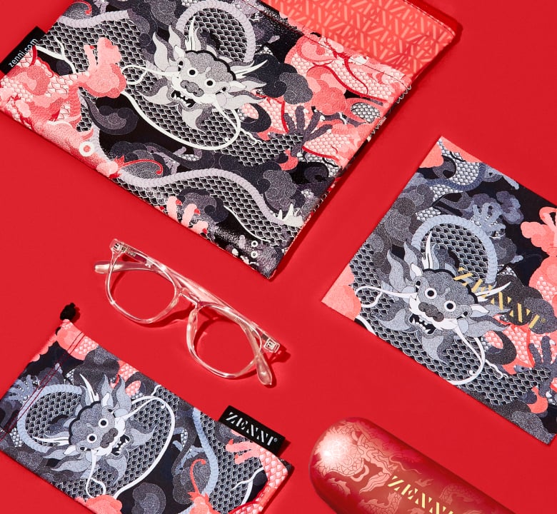 A lay-down display of Zenni Lunar New Year accessories.