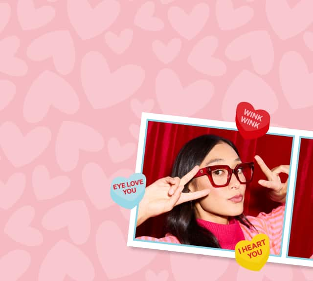 A playful Valentine's Day-themed image featuring a light pink background with heart patterns. On the right side, there are photo booth-style pictures of a woman wearing bold red glasses, posing with peace signs and playful expressions.