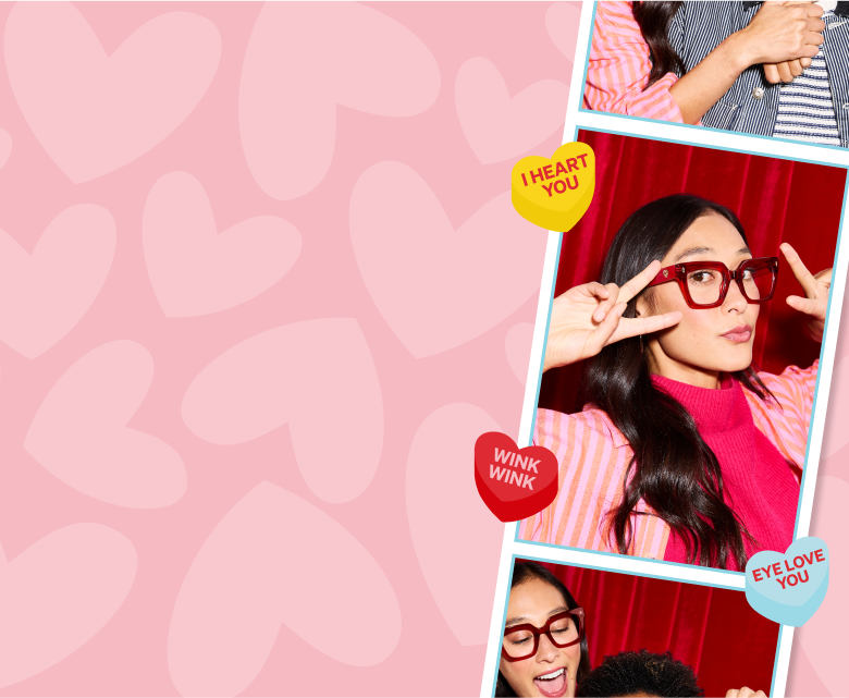 A playful Valentine's Day-themed image featuring a light pink background with heart patterns. On the right side, there are photo booth-style pictures of a woman wearing bold red glasses, posing with peace signs and playful expressions.