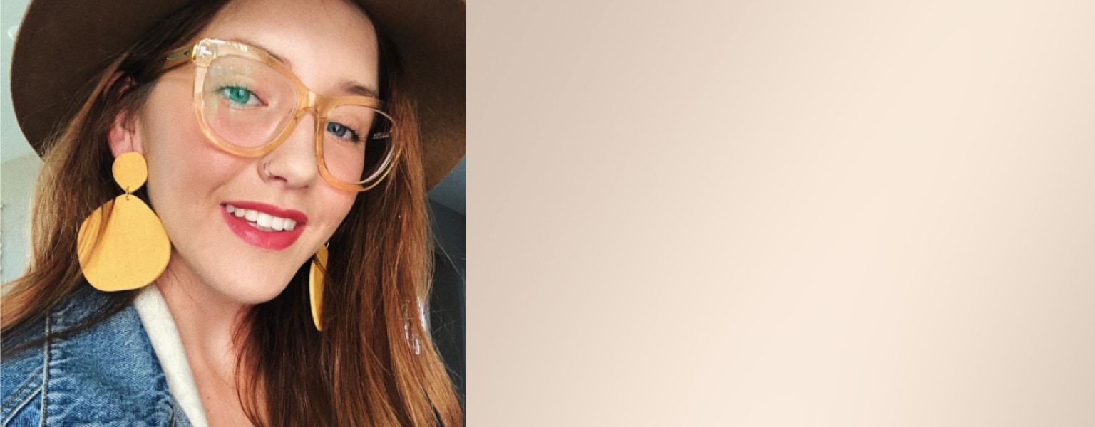 Two images split by a brown strip; An image of a woman wearing Zenni translucent orange glasses with a pair of statement earrings, and a man wearing Zenni translucent glasses with his child on his lap.