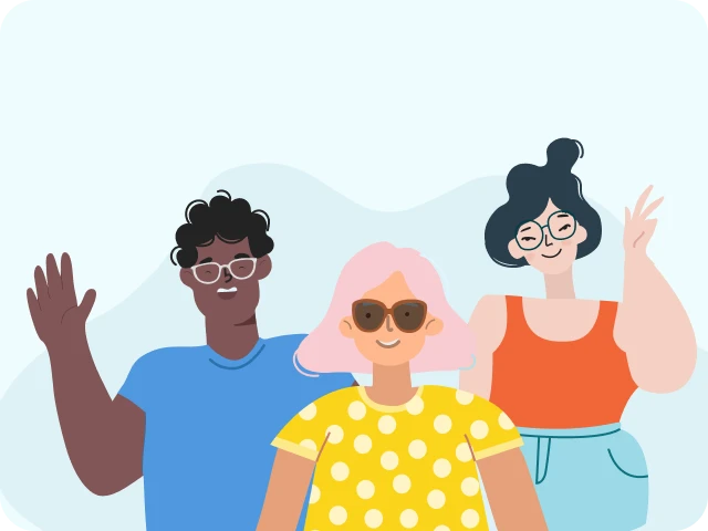 Illustration of three friends waving