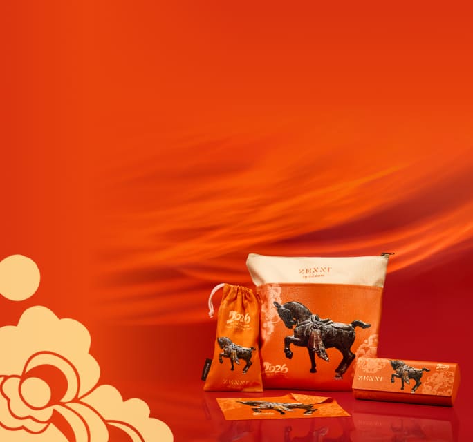 A zippered bag, microfiber glasses pouch, hard shell glasses case, and microfiber lens cloth featuring lunar new year Year of the Horse designs.