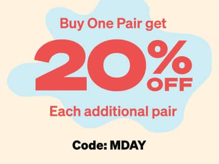 A promotional graphic with a cream and light blue patterned background announces: ‘Buy One Pair get 20% OFF Each additional pair' in bold red, 'Code: MDAY’ in black.