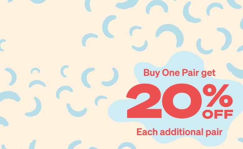 A promotional graphic with a cream and light blue patterned background announces: 'Buy One Pair get 20% OFF Each additional pair' in bold red.