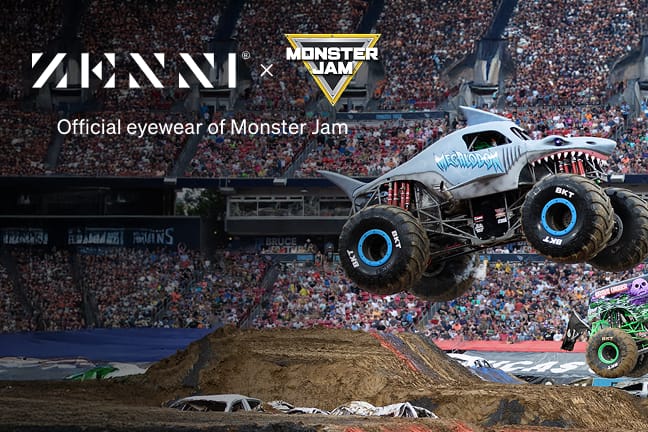 The Zenni and Monster Jam logos over an image of two monster trucks in mid-air at an arena show.