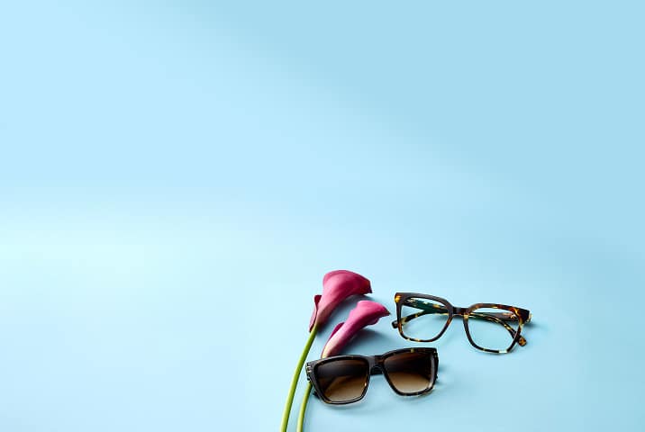 Square tortoiseshell Zenni glasses and oversized tortoiseshell Zenni sunglasses, on a blue surface with pink lilies.
