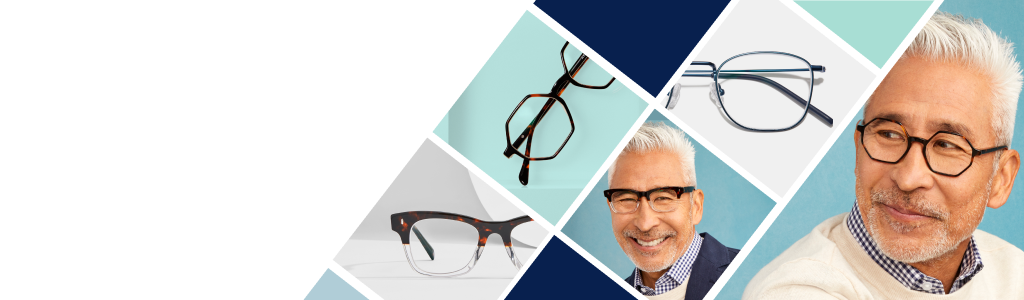 Image of a collection of images, which feature the same man wearing two pairs of Zenni glasses, along with product shots of 3 pairs of Zenni glasses against various backgrounds.