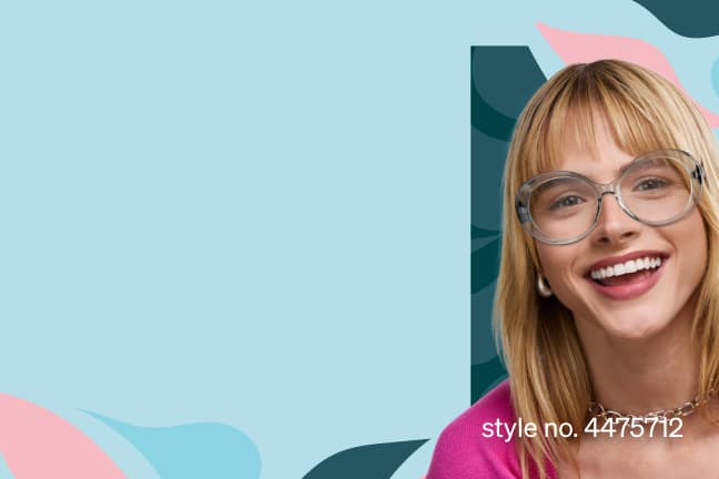 A smiling blonde woman wears oversized translucent glasses, a pink top, and gold jewelry against a pastel abstract background. Style no. 4475712.