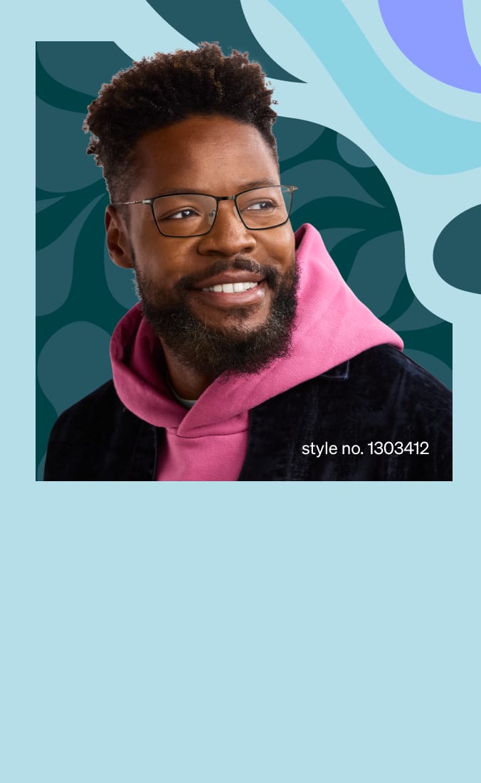 A man with curly hair and a beard wears black rectangular glasses style no. 1303412, a pink hoodie, and a black corduroy jacket. He smiles against a light blue background with abstract teal and lavender shapes.