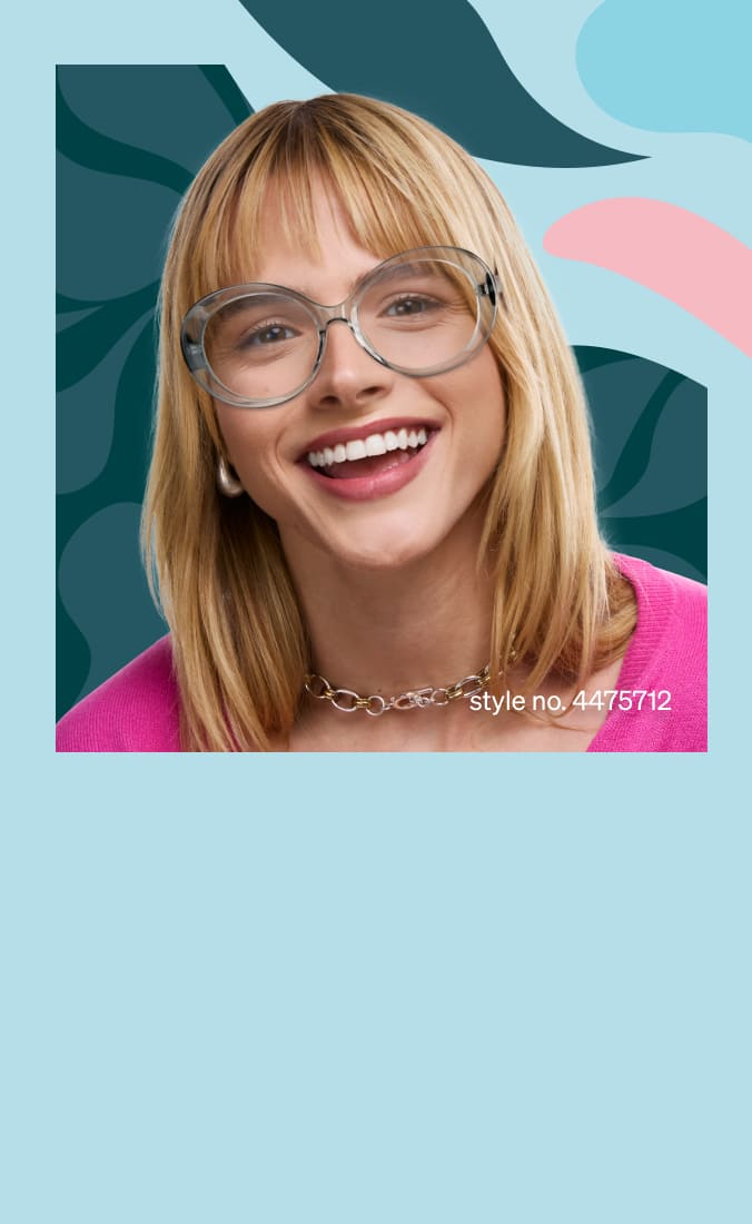 A smiling blonde woman wears oversized translucent glasses, a pink top, and gold jewelry against a pastel abstract background. Style no. 4475712.