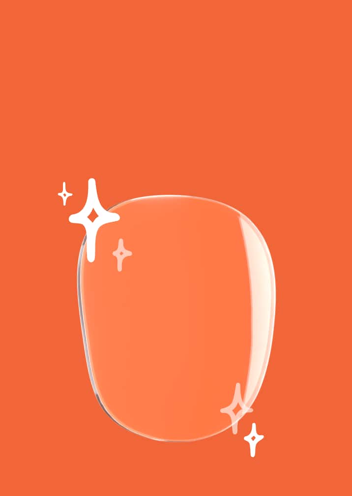 Lens on a dark orange background with illustrated 4-point star sparkles on the corners, representing reduced glare.