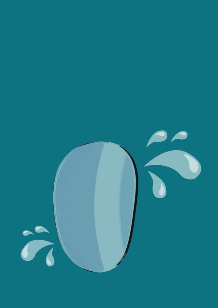 A lens on a teal background, with water droplets splashing away from it, representing the water-resistant lens coating.