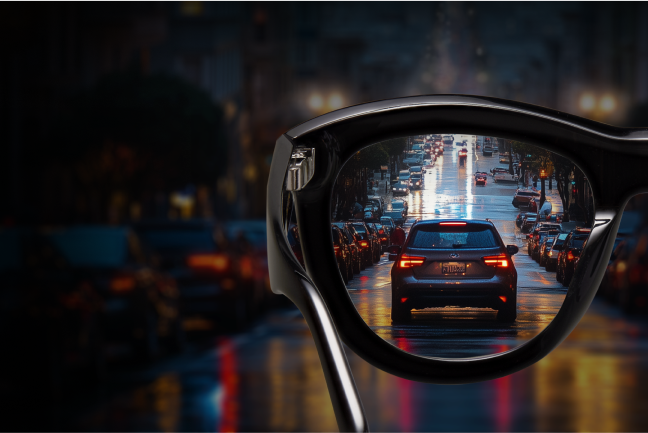 A clear night street view through glasses, reducing glare and bright lights. Text highlights: 'Glare Reduction. Faster Visual Response,. Blocks Bright LED' with icons.