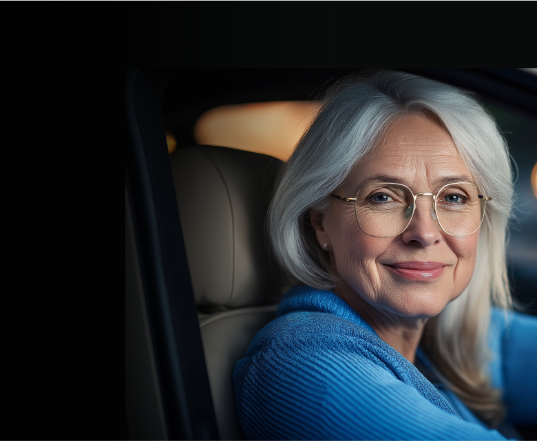 A woman in a car with silver hair, wearing metal square glasses with anti-glare night driving lenses, depicted with soft and blurred lights in the background.