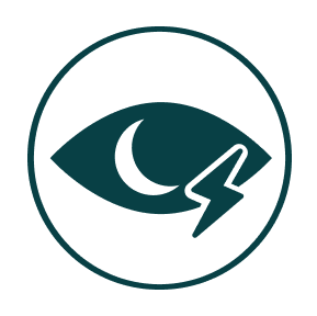 Dark Teal icon of an eye with a lightning bolt labeled "Sharper Vision" to indicate enhanced detail in low-light conditions with Zenni night driving lenses.