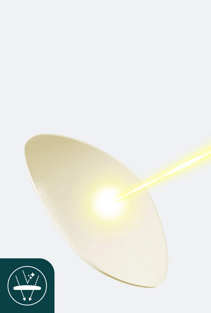 Illustration of a glasses lens with NeoContrast™ technology to block yellow light to enhance contrast and reduce halos for clearer night driving.