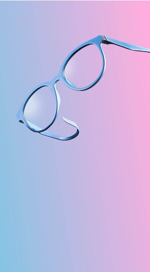 A pair of blue eyeglasses floats against a pastel blue-to-pink gradient background.