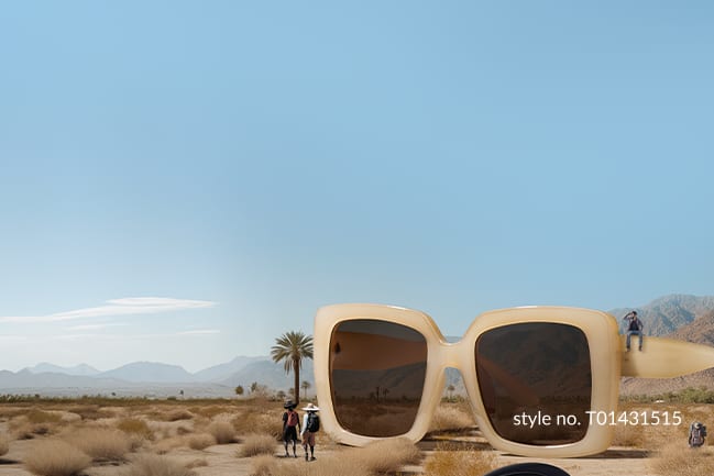 Surreal desert scene with giant sunglasses and tiny people. Style no. T01431515, 2023021.