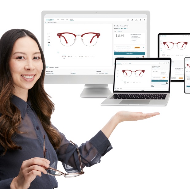 A woman holding a pair of glasses, showcasing Zenni website on different devices in the background.