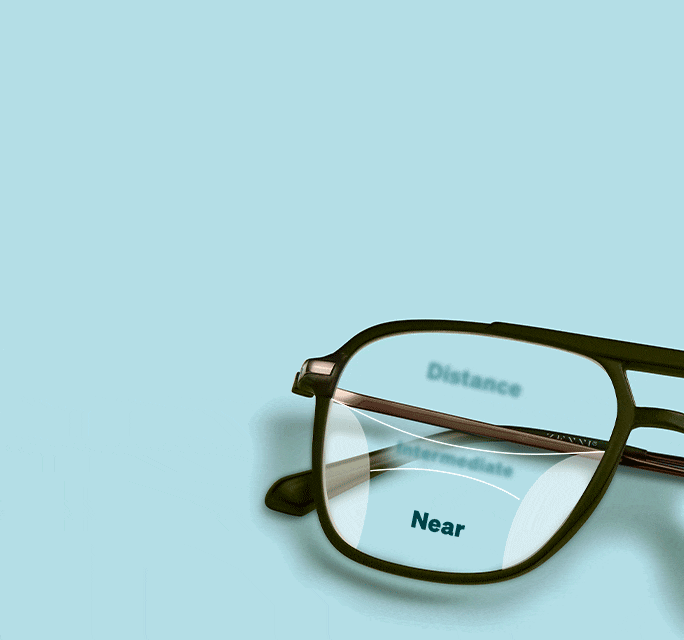 Animated GIF illustrating progressive lens zones on dark green aviator eyeglasses, cycling focus through 'Distance', 'Intermediate', and 'Near' viewing areas against a light blue background.