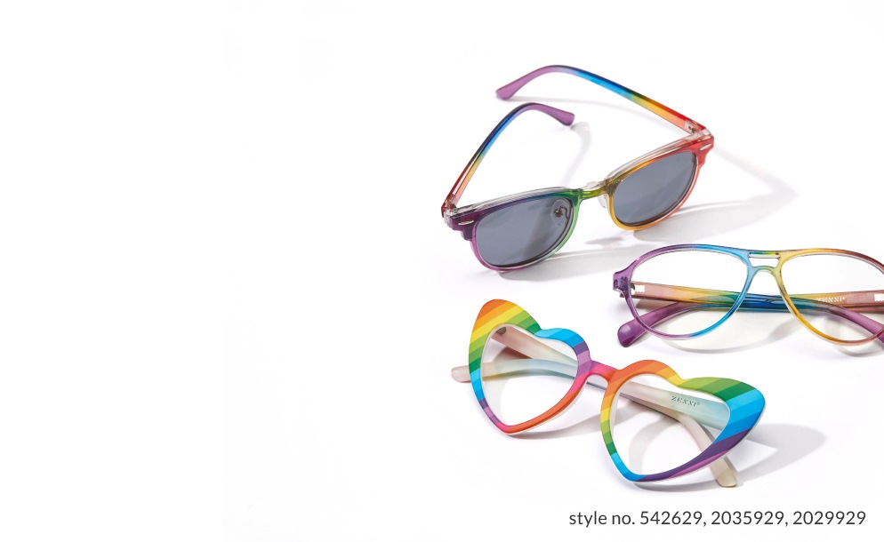 Image of 3 Zenni rainbow color glasses, browline magnetic clip-on sunglasses #542629, aviator glasses #2035929, and heart-shaped glasses 2029929.
