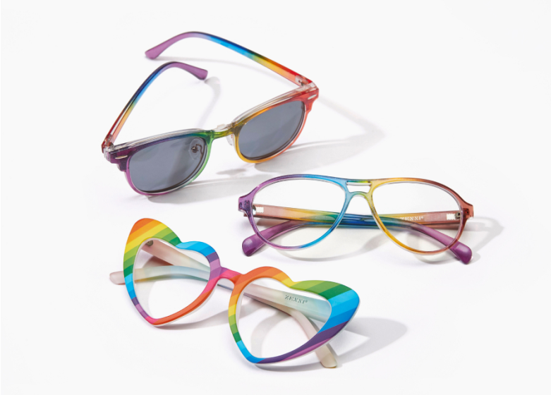 Three pair of rainbow color frames in the shape of browline, aviator, and heart shape.